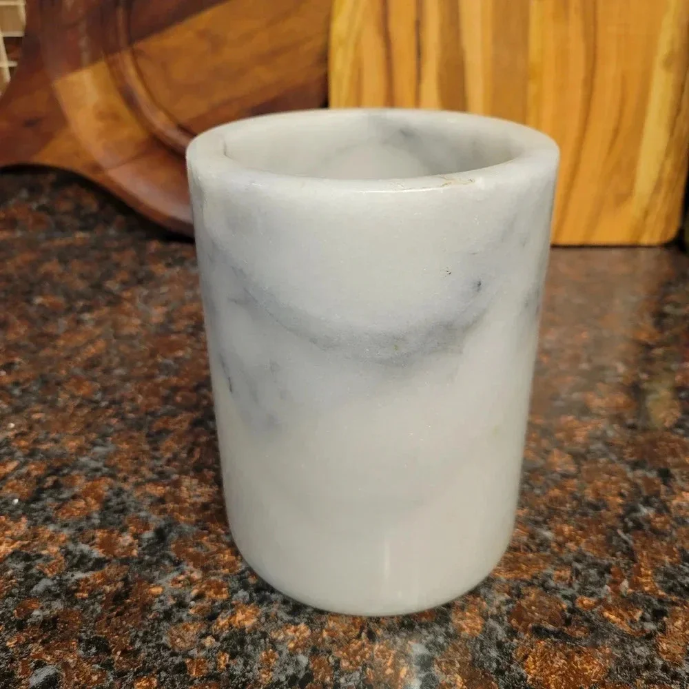 Genuine Marble Utensil Holder Crock Kitchen Modern Organic White Gray